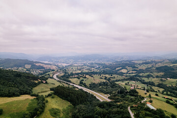 Fototapeta premium drone aerial images of a green winter forest with a small village and a bridge