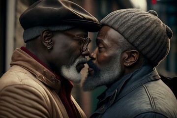 Old aged fashionable black gay couple deep in love and intimate moment. Have a romantic time. Instagrammable photo shot. Generative AI