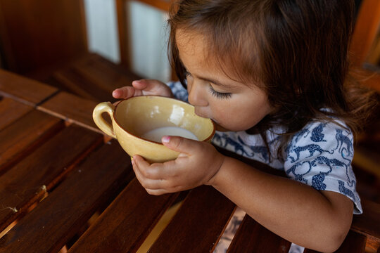 Little girl drinking milk at home