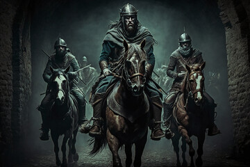 Warriors on horseback in a war-torn city, defending their beliefs and heritage