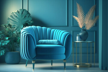 Luxury armchair in a blue living room interior creating a comfortable atmosphere. Perfect for relaxation and leisure