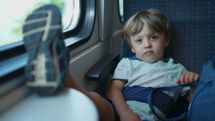 One upset child with feet on table while traveling by train. Mischievous small kid not behaving on moving transportation