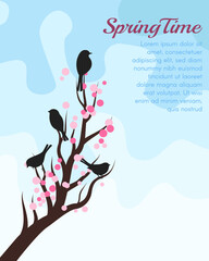 Spring blossom trees with birds. Vector decorative background