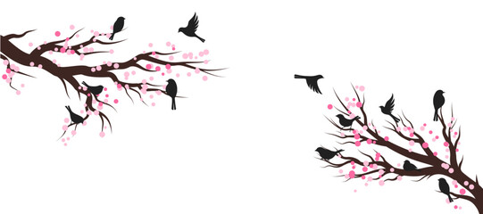 Spring blossom trees with birds. Vector decoration elements.