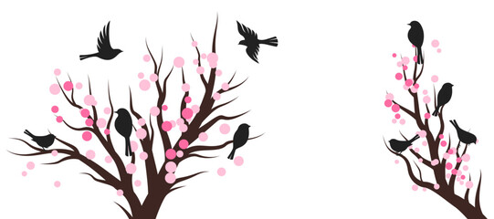 Spring blossom trees with birds. Vector decoration elements.