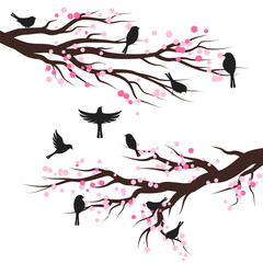 Spring blossom trees with birds. Vector decoration elements.