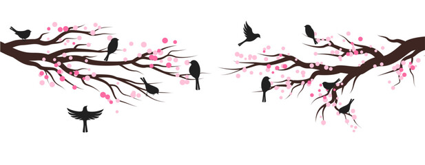 Spring blossom trees with birds. Vector decoration elements.