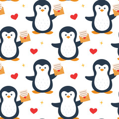 Cute penguin is holding an envelope with a letter. Valentine's Day. Seamless pattern. Can be used for web page background fill, surface texture