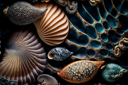 abstract texture of seashell fish scales moss kelp snake skin nautilus shell mother of pearl sparkling ocean waters arranged beautiful pattern background.generative ai.