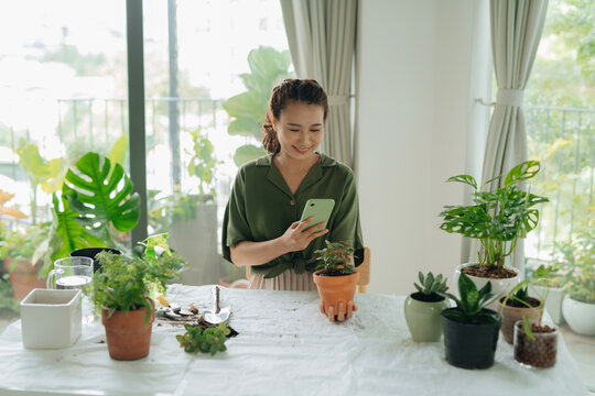 woman using her smartphone to post a picture of her houseplants