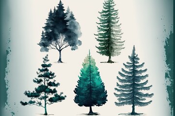 Set of isolated coniferous trees in watercolor. Generativea ai illustration