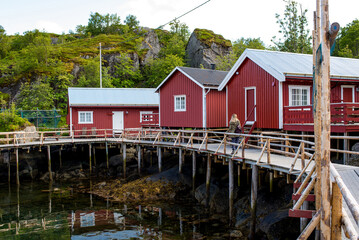Rorbu house. Fishing red hut in a beautiful natural landscape. Amazing scenic outdoor view. Norwegian village. Tourist attraction. Travel and adventure life. Explore Northern Norway