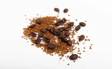 Coffee granules and coffee beans isolated on white background. Instant coffee drink. Energy hot...