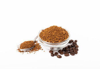 Coffee granules and coffee beans isolated on white background. Instant coffee drink. Energy hot...