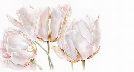 Tulip in light pink and gold, isolated on white. Luxury illustration for spring. Generative AI.