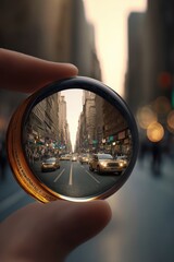 Downtown city center view through magnifying glass perspective - abstract concept design of NYC cityscape during rush hour. Traffic, Taxi's Cars all rushing by - generative AI Illustration 