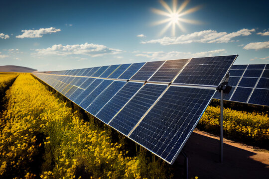 Solarpanele f&uuml;r erneuerbarer Energie auf einem Feld - Generative Ai 