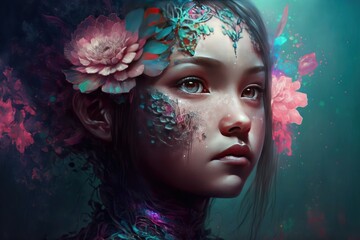 Cosmic Wonder Child from other Dimension with Floral Pattern on her Face and large flower in her Hair - Fantasy Science Fiction Character Telepathy Girl - Generative Ai Illustration