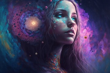 The Girl in the Deep Dream - Colourful Portrait of Fantasy Lady on a spiritual journey through the Universe. Beautiful, Elegant, Innocent yet Powerful - Ai generative illustration - obrazy, fototapety, plakaty