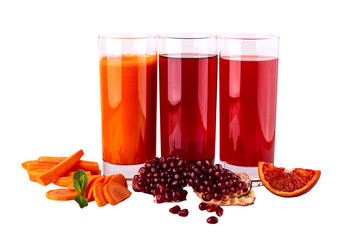 Glasses of juice carrot pomegranate sicilian orange on isolated png background - 568954175