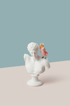 Antique bust with pink toy parrot on shoulder.