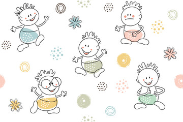 Seamless pattern set of children's primitive drawings of comic funny characters, Cartoon kids and different elements in pastel colors. Cute design with a black outline in flat style 