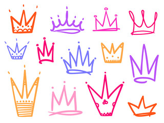 Set of crowns on white. Signs for design. Hand drawn simple objects. Line art. Colorful illustration. Sketchy elements for posters and flyers