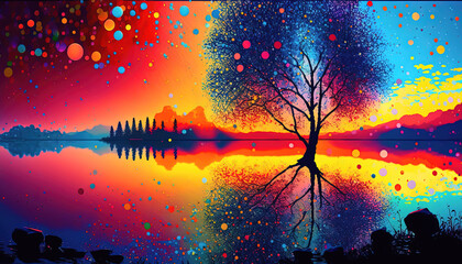 Colorful sunset over the lake, saturated colors artwork, generative ai digital illustration