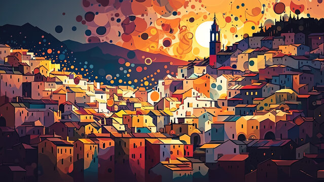 Illustration of a shantytown with a colorful sunset, neo-impressionist painting, post-produced generative ai