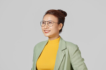 Business woman isolated on white background laughing