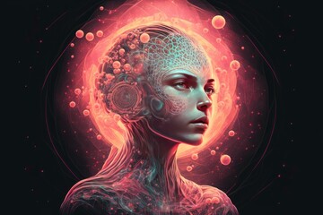 Futuristic Female Cyborg from Science Fiction Fantasy Galaxy in our Universe. The Halo around her Head shows how Spiritually Advanced she is, manifesting her imagination instantly - Ai illustration