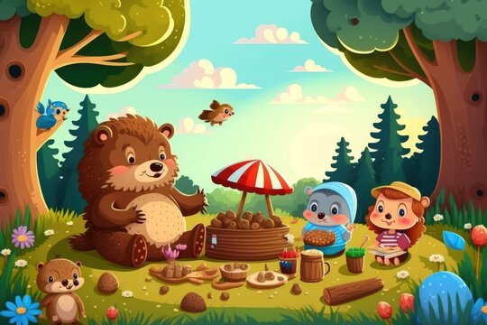 Fairy tale animal picnic in the woodland with a young monkey, bear, and hedgehog. Generative AI