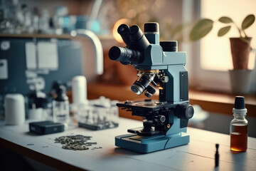 Fototapeta na wymiar a microscope on your desk in a study or laboratory. Generative AI