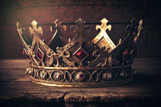 gorgeous queen or king's crown in a low key setting atop a wooden table. retro filtered medieval fantasy period. Generative AI