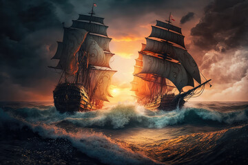 Dawn of Battle: Two Galleons at Sea. Generative ai - obrazy, fototapety, plakaty