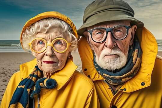 Non-emotional Facial Expression, Documentary Style Shot Portrait Of Elder Cauca Couple Lover On Vacation, Idea For Love And Togetherness Concept, Yellow Coat And Glasses, Generative Ai Not Real People