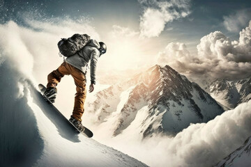Naklejka na ściany i meble Snowboard rider doing extreme descent down the mountainside. Extreme snowboarding freeride sport. Generative AI