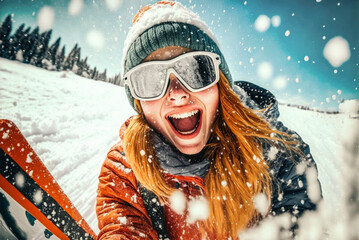 Smiling funny young girl falling down in the snow while snowboarding. Illustration. Generative AI