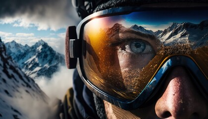 Portrait of a man snowboarding with goggles and the reflection of the mountains in front, sports equipment. Illustration, Generative AI