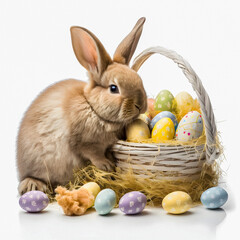 Adorable easter bunny sitting next to a basket of coloured eggs isolated on a white background - generative AI