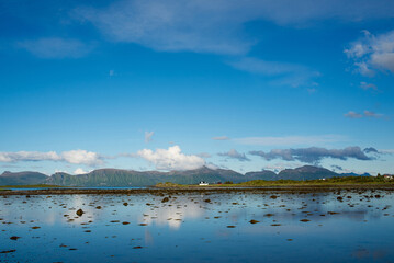 Beautiful Nature Norway natural landscape.  Scenic outdoors view. Ocean with waves and mountains. Explore Norway, summer adventure