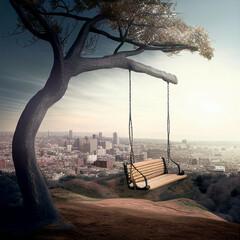 Swings on a hill overlooking the city