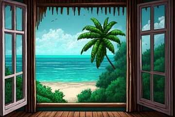 Window view of Tropical Paradise Island with Ocean, Beach and Palm Trees - The ideal Vacation Resort in the Caribbean Sea - Tourism Travel Poster and Wallpaper - Generative AI Illustration