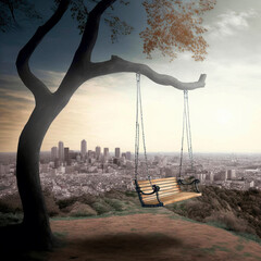 Swings on a hill overlooking the city