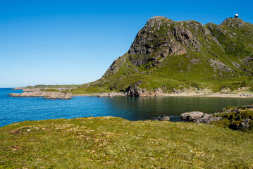 Beautiful Nature Norway natural landscape.  Scenic outdoors view. Ocean with waves and mountains. Explore Norway, summer adventure