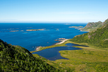Beautiful Nature Norway natural landscape.  Scenic outdoors view. Ocean with waves and mountains. Explore Norway, summer adventure