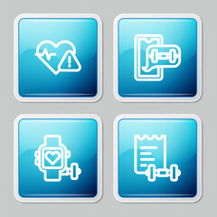 Set line Heart rate, Fitness app, Smart watch with heart and Sport training program icon. Vector