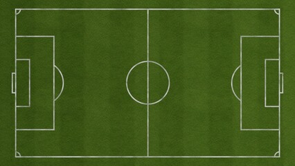 Top view of soccer or football game field with grass and white lines.