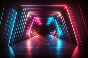 a laser display, fluorescent lighting inside a nightclub, luminous lines, an abstract fluorescent background, and a hallway. Generative AI