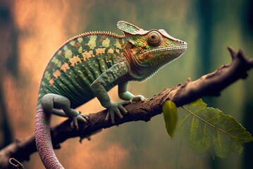 picture of a chameleon in its natural habitat, a tree a morphing fischer stumbling among the branches Generative AI - obrazy, fototapety, plakaty